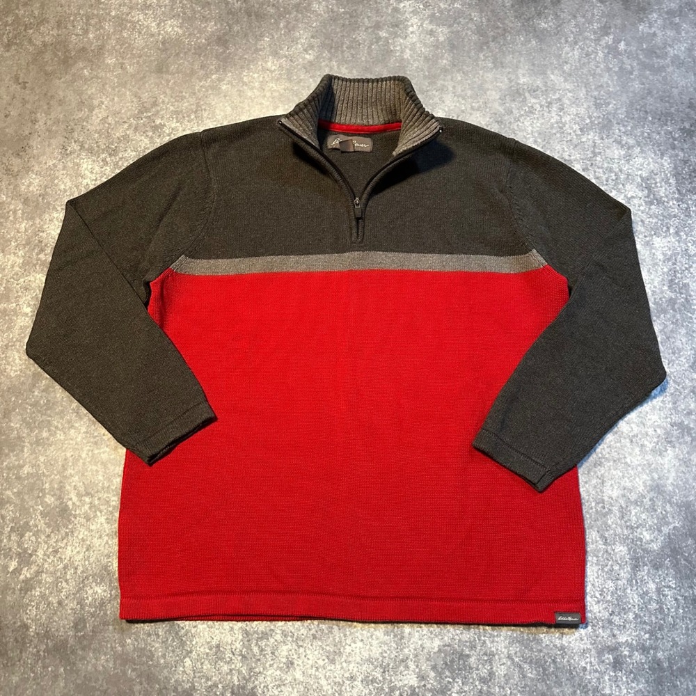 Eddie Bauer Quarter Zip Sweater Red Grey Color Block Striped Knit Men's XL